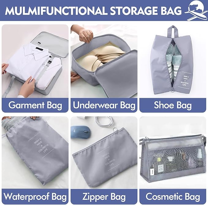 8 Set Packing Cubes for Suitcases, INVODA Travel Luggage Packing Organizers with Laundry Bag, Compression Storage Shoe Bag, Clothing Underwear Bag (Grey)