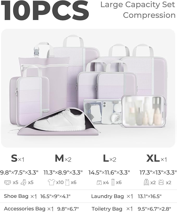 Percover Compression Packing Cubes for Travel, 10-Piece Structured Compression Organizer Set with Toiletry Bag, Laundry Bag & Shoe Bag for Carry-On & Checked Luggage, Purple