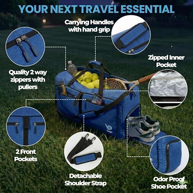 Bago Compact Duffle Bag for Travel Women & Men. Durable Lightweight Foldable Travel Duffel Bags For Traveling Women. 40L Duffle Bags a Reliable Weekender duffel or Overnight Bag With Shoe Compartment