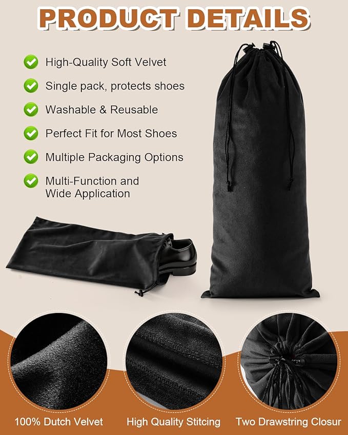 2 Pcs Single Shoe Bags for Travel, 17.3"x8.6" Washable Travel Shoe Bags for Packing in Suitcase, Velvet Dust Bag with Drawstring, Shoe Pouch for Women and Men, Travel and Home Storage (Black Beauty)