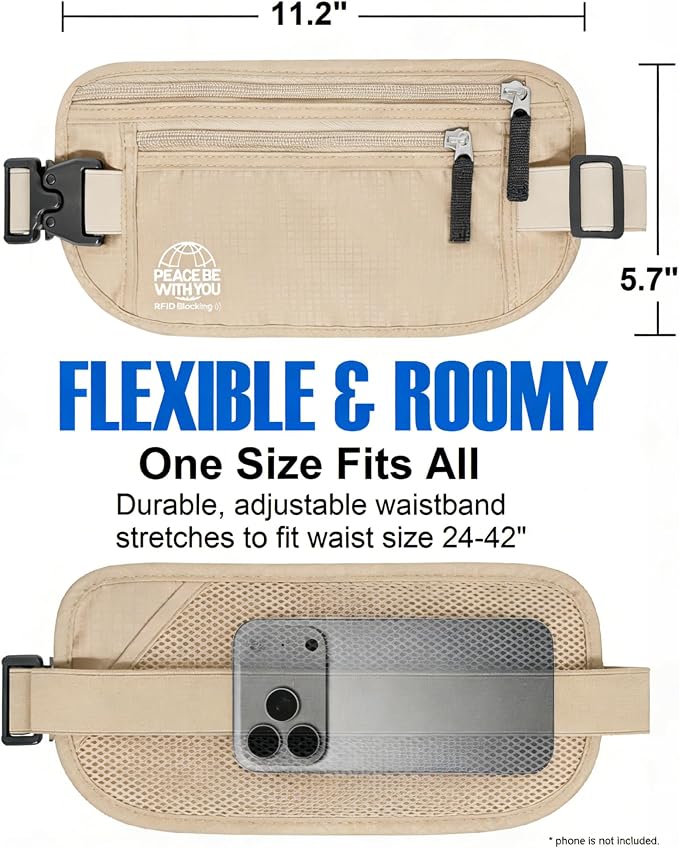 Money Belt for Travel, Passport Holder, RFID Blocking, Sweat-Proof, Beige - Image 4