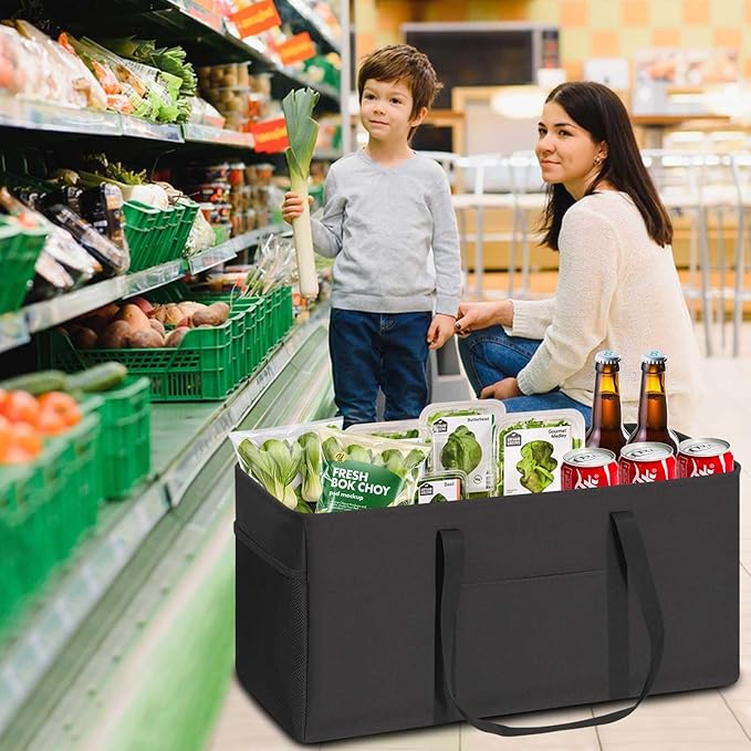 LHZK 2 Pack Extra Large Utility Tote Bag with Metal Wire Frame and the Sides Rinforced, Extra Large Tote Bag with Handle, Reusable Grocery Bags Foldable, Beach Bag, Car Tote (Black, 26''x15''x13'')