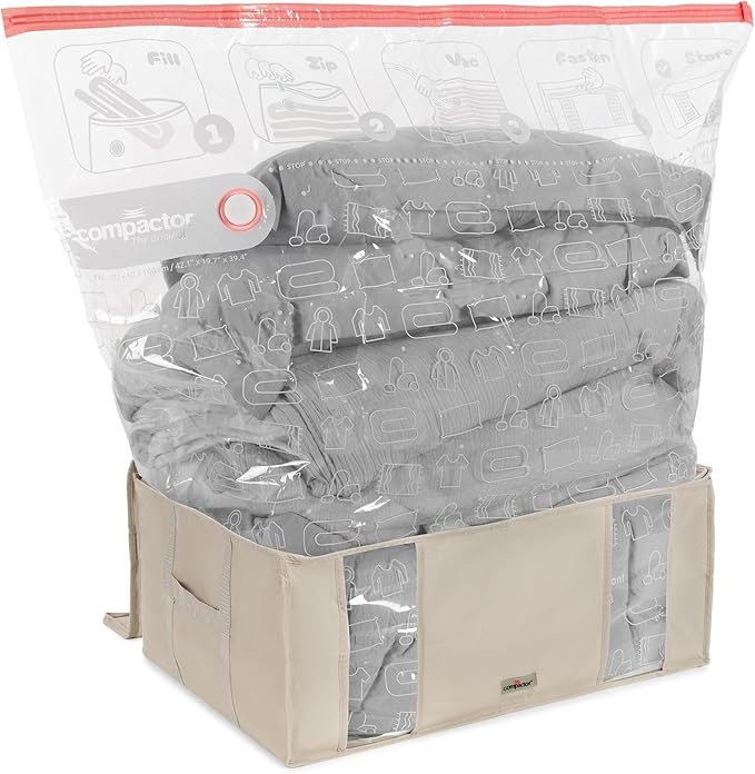Compactor Vacuum Storage Bag with Semi-Rigid Box, Closet Organizer, Vacuum Seal Bags for Clothing and Bedding, Fits All Vacuum and Nozzle Types, 210L, Beige, XXL