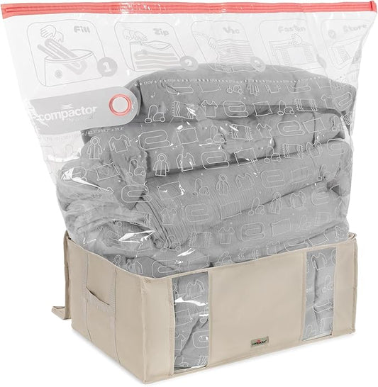 Compactor Vacuum Storage Bag with Semi-Rigid Box, Closet Organizer, Vacuum Seal Bags for Clothing and Bedding, Fits All Vacuum and Nozzle Types, 210L, Beige, XXL