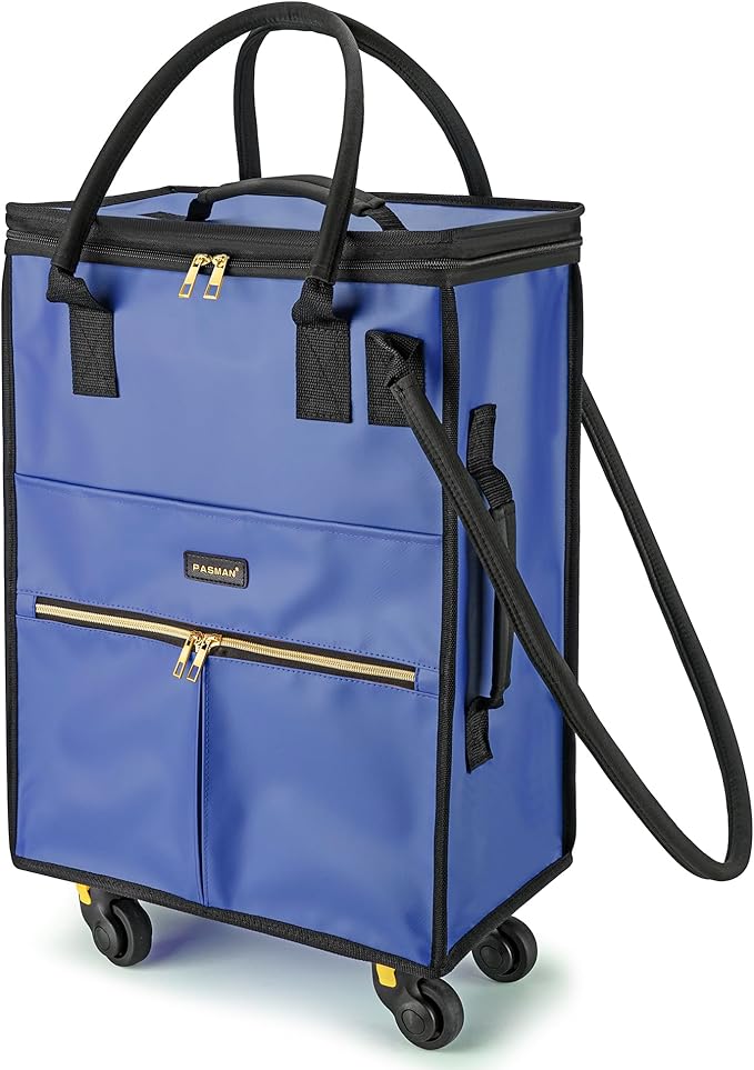 Reusable Grocery Bag on Wheels, Foldable Rolling Duffle Bag, Carry on Luggage Bag with Handle and Zipper Cover for Travel, Lightweight Rolling Tote Shopping Carts (Matte-Navy Blue, Small_41L)