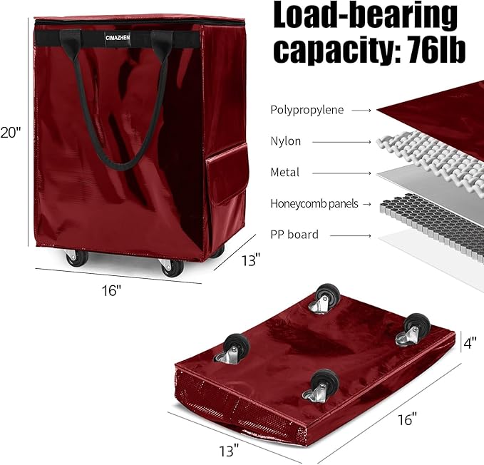 (Medium,Red) Reusable Grocery Bag on 4 Wheels, Foldable Rolling Tote Bag with 3 Handles and Zipper, Storage Organizer for Groceries, Rolling Shopping Cart for Travel, 76lb