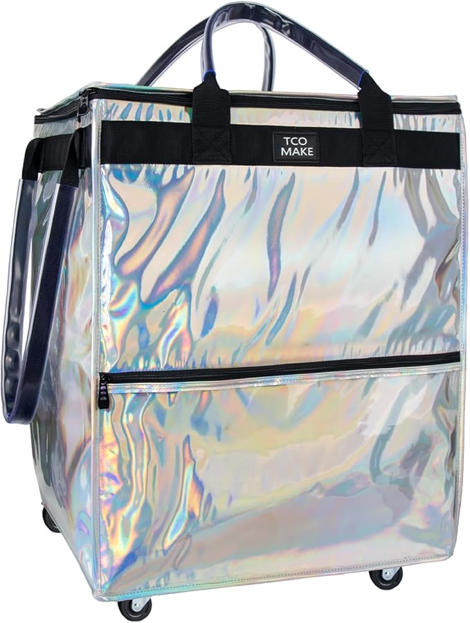 (Large, Phantom White) Reusable Grocery Bag on Wheels, Shopping Bags with Wheels and Handle, Folding Rolling Tote, Zipper Cover, Carries Up to 76 LBS, for Laundry, Picnic