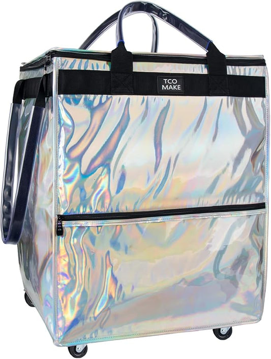 (Large, Phantom White) Reusable Grocery Bag on Wheels, Shopping Bags with Wheels and Handle, Folding Rolling Tote, Zipper Cover, Carries Up to 76 LBS, for Laundry, Picnic
