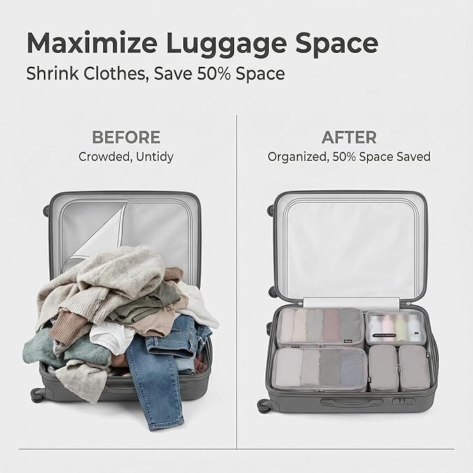 6 Set Compression Packing Cubes for 7–14 Day Travel, Durable Nylon Oxford Luggage Organizers with IP6X Waterproof Toiletry Bag, Expandable Suitcase Packing System (Misty Silver)