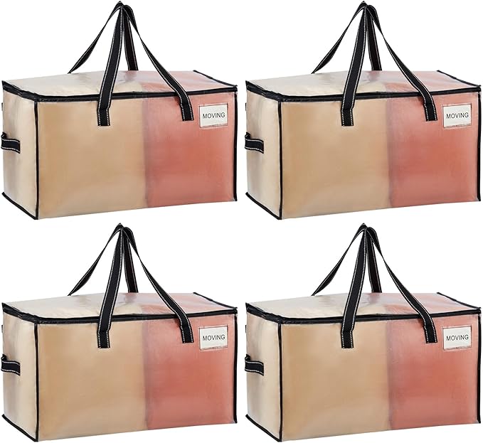 VENO 4 Pack Heavy Duty Moving Bags, Clear Storage Bags for Clothes and Comforters, College Dorm Essentials Packing Supplies, Foldable Boxes Alternative (Clear, 4 Pack)