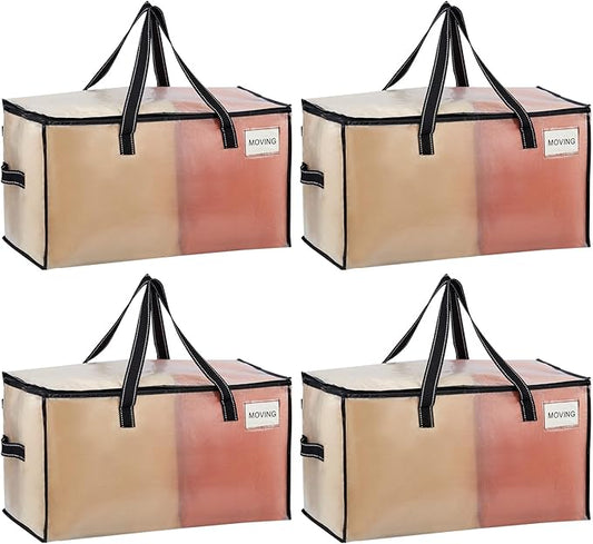 VENO 4 Pack Heavy Duty Moving Bags, Clear Storage Bags for Clothes and Comforters, College Dorm Essentials Packing Supplies, Foldable Boxes Alternative (Clear, 4 Pack)