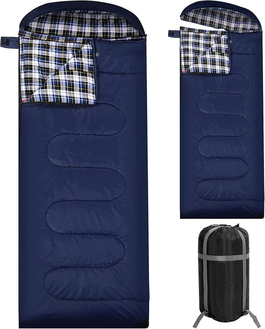 REDCAMP Flannel Sleeping Bag for Adults, Comfortable Cotton Envelope Sleeping Bags for Camping, Backpacking, Hiking, with Detachable Hood&Compression Sack, Blue/Red/Grey/Black