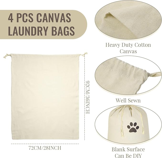 Remagr 4 Pcs 28" x 36" Canvas Laundry Bags Bulk Large Cotton Laundry with Drawstring Heavy Duty Hamper Liner Washable Dirty Clothes for home College Sports Dorms Travel