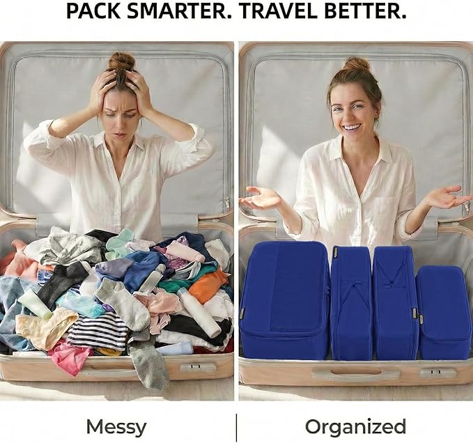 4 Piece Compression Packing Cubes for 3–7 Day Travel, Space Saving Travel Organizers with Breathable Mesh, Double-Zipper Packing Cubes for Carry-On & Suitcases (Blue)