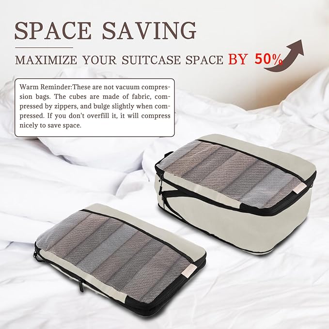 U+U 10 Set Compression Packing Cubes - Ultralight Cream Travel Organizers with Laundry Bag, Space-Saving Suitcase Organizer, Expandable Packing Cubes for Travel and Family Vacation (Cream)