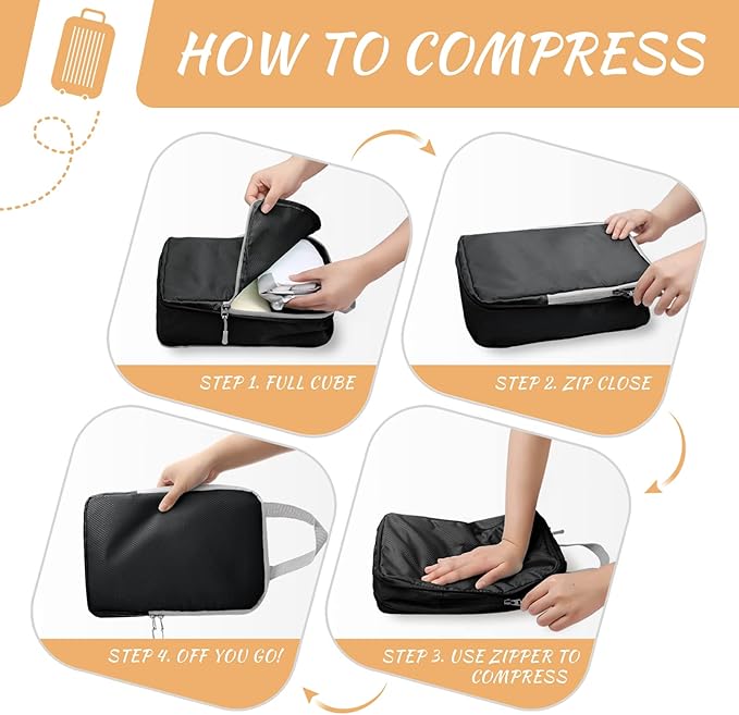 WOOMADA Compression Packing Cubes for Suitcases Travel Essentials 8 Set Expandable Travel Bags Organizer for Luggage(black)