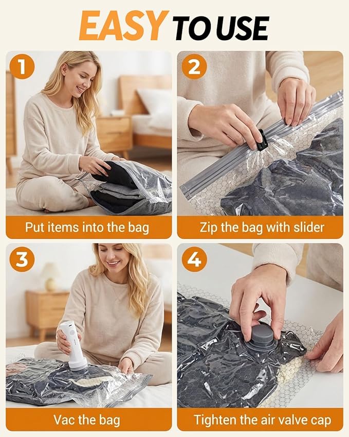 Vacuum Bags for Travel with Rechargeable Air Pump, 15 Pack Carry-on Size Compression Packing Bags to Maximize Space & Travel Storage, Space Saver for Clothes, Bedding and Pillows