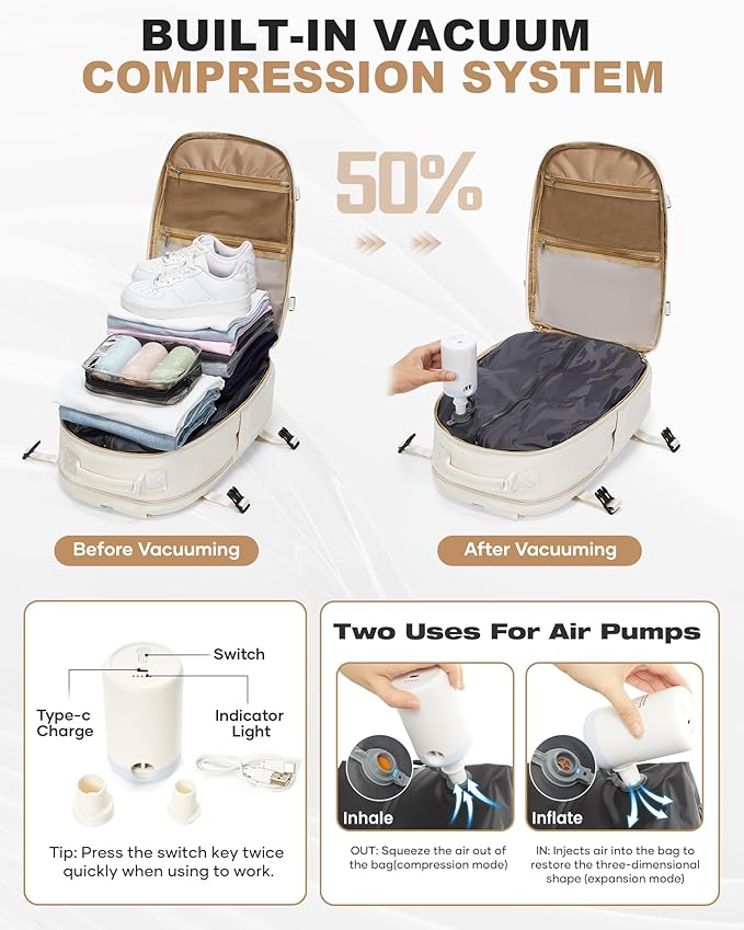 coofay Vacuum Backpack Travel with Pump Vacpack Backpack with Vacuum Seal Backpacks Traveling Backpacks Vacuum Compression Air Travel Bag Carry on Luggage