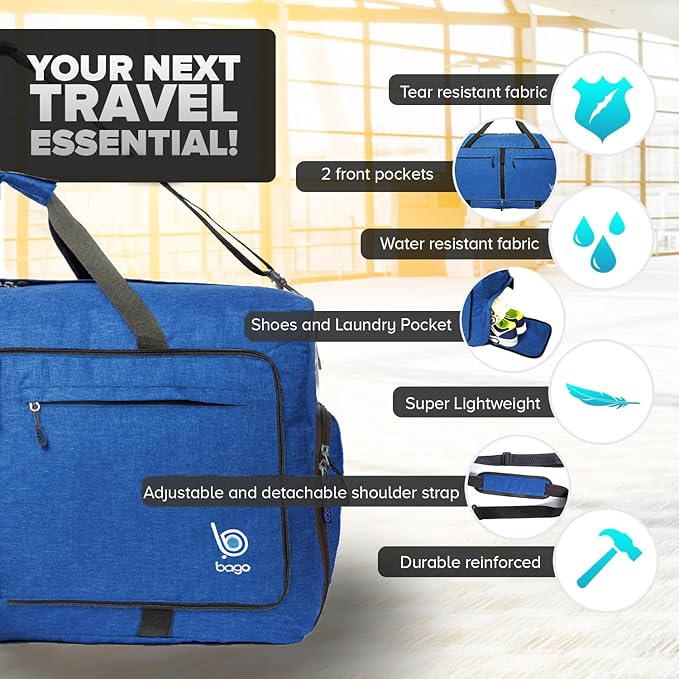 Bago Extra Large Duffle Bag for Travel Women & Men. Durable, Lightweight, Foldable Travel Duffel Bags For Traveling Women. 140L Duffle Bags Use As a Weekender Bag with Shoe Compartment, Checked Duffel