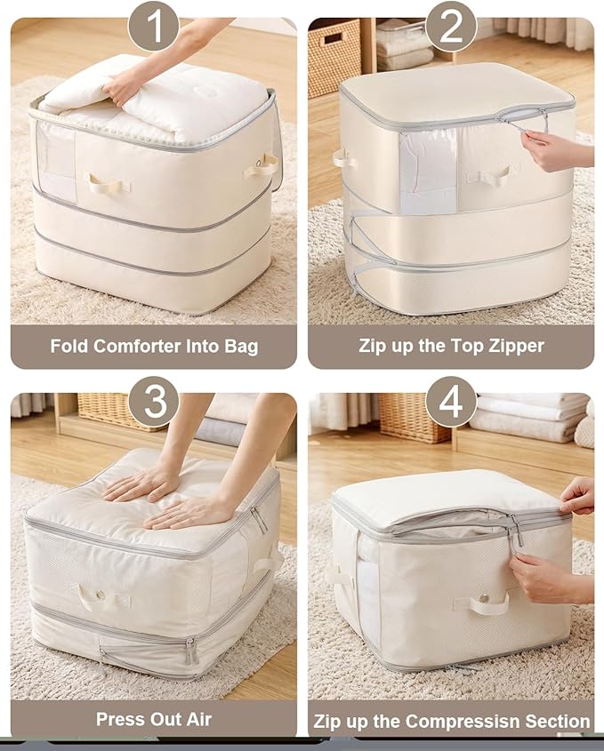 Comforter Storage Bag - 3-Layer 2-Pack Self Compression Organizer, Closet Organizers and Storage, Under Bed Space Saver, Blanket Organizer for Bedding, Pillow, Sheet, Clothes, Nursery Use