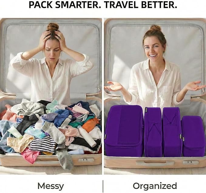 4 Piece Compression Packing Cubes for 3–7 Day Travel, Space Saving Travel Organizers with Breathable Mesh, Double-Zipper Packing Cubes for Carry-On & Suitcases (Lavender)