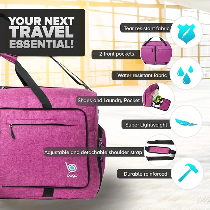 Bago Extra Large Duffle Bag for Travel Women & Men. Durable, Lightweight, Foldable Travel Duffel Bags For Traveling Women. 120L Duffle Bags Use As a Weekender Bag with Shoe Compartment, Checked Duffel