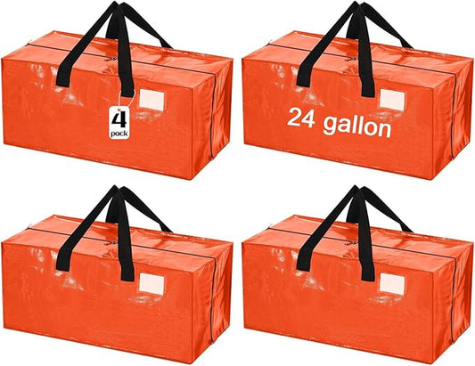 4 Pcs 24 Gallon Extra Large Moving Bags Heavy Duty Storage Bag with Strong Zipper Handle Foldable XXL Jumbo Storage Tote Packing Moving Box for College Dorm Travel Cloth Duffle (Orange)