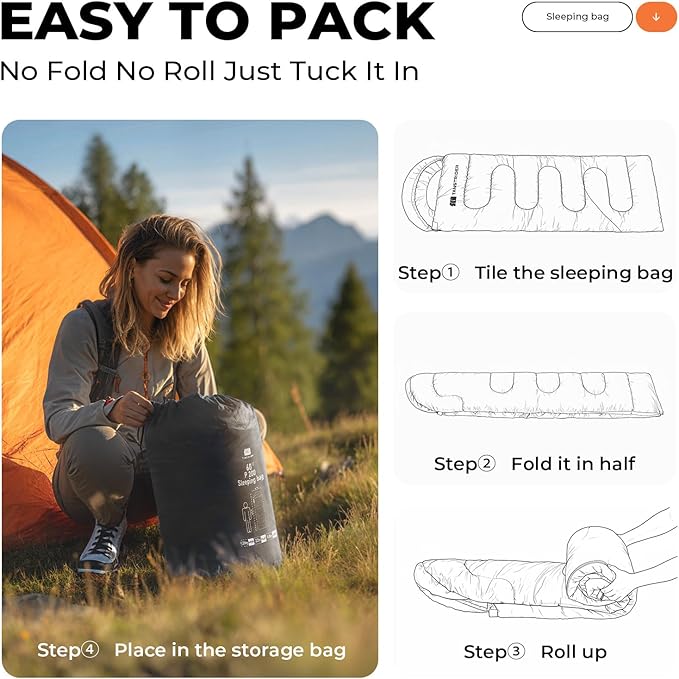 Sleeping Bag for Adults Warm Weather, Compact Lightweight Backpacking Sleeping Bag with Compression Sack, Camping Essentials Gear for Hiking Travel Climbing Outdoor & Indoor Use