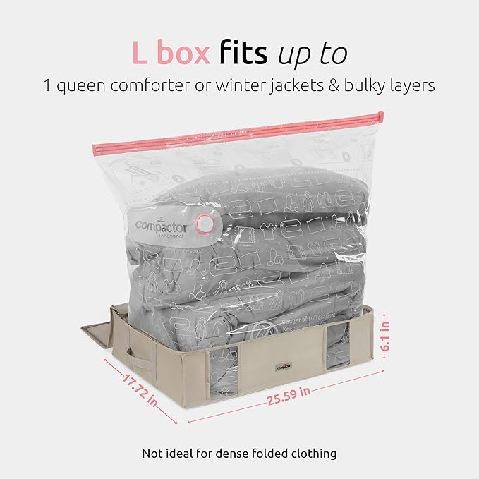 Compactor Under Bed Vacuum Storage Bag with Semi-Rigid Box, Closet Organizer, Vacuum Seal Bags for Clothing and Bedding, Fits All Vacuum and Nozzle Types, 145L, Large, Beige