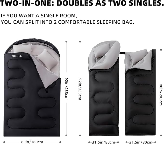 Double Sleeping Bags for Adults with Pillows Queen Size XL Camping Waterproof Sleeping Bag with Compression Sack for Kids for Hiking Backpacking 2 Person Cold Warm Weather Outdoor Indoor