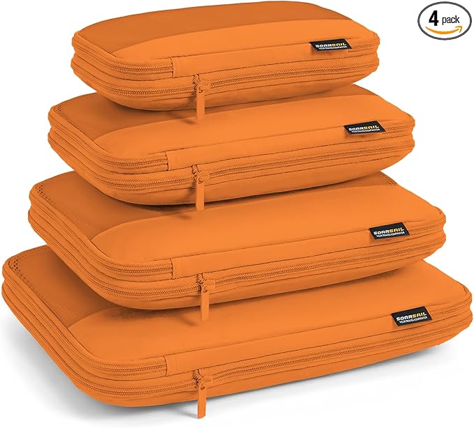 4 Piece Compression Packing Cubes for 3–7 Day Travel, Space Saving Travel Organizers with Breathable Mesh, Double-Zipper Packing Cubes for Carry-On & Suitcases (Orange)