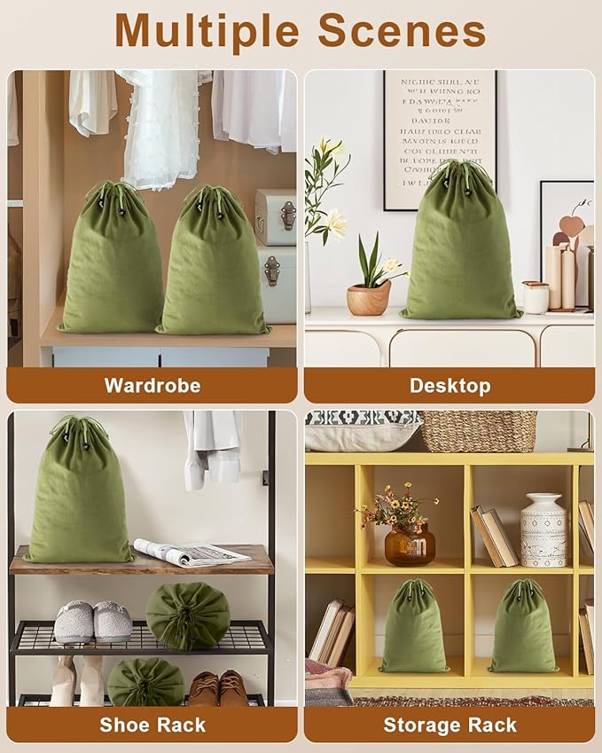 FantasyLife Shoe Bags for Travel, Washable Dust Bags for Storage & Packing, Flannel Shoe Pouch with Drawstring Closure for Purses, Handbags, Shoes & Toys (2, Sage Green, 17.3"x12.6")