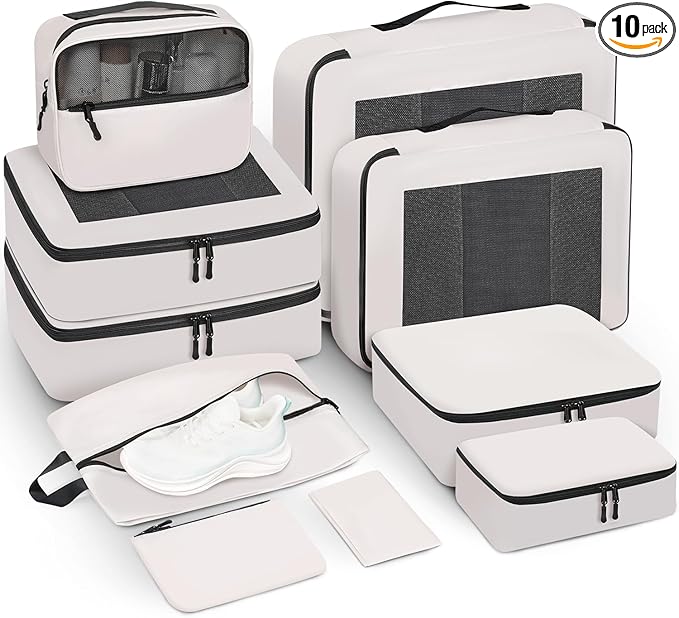 Mesh Packing Cubes for Travel, Durable Luggage Organizer with Sturdy Material and Double Zippers, Comprehensive Set for Travel Accessories Storage, 10 set, cream