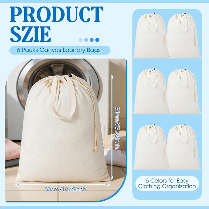 Zhehao 6 Packs Canvas Laundry Bags 20" x 28" Thick Heavy Duty Cotton Laundry Bag with Handles & Drawstring Fit a Basket or Hamper Perfect for College Dorm Apartment Dwellers and Travel (White)