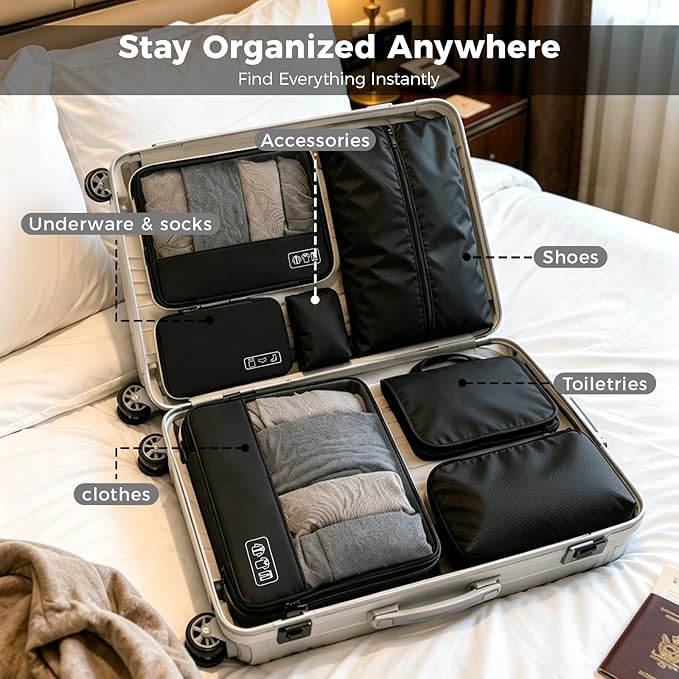 8-Piece Compression Packing Cubes for Travel, Ultralight Sleek Luggage Organizer Set for Business Trips & Frequent Travelers, Space Saving for Carry-On & Suitcase - Black