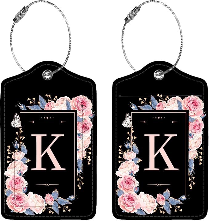 2 Pcs PU Leather Luggage Tag for Suitcases with Privacy Shield and Name ID Tag Address Card Travel Cruise Luggage Tag, Suitable for Men and Women Baggage Handbag Backpack,Flower and Monogram(Letter K - Image 5