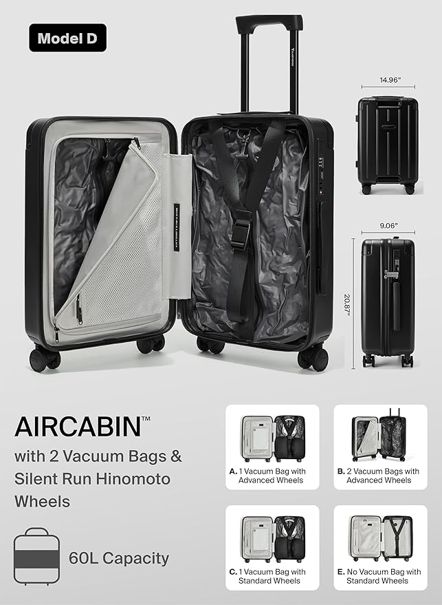 BlackVoyage Air Vacuum Seal Suitcase Carry-On 20-Inch Travel Luggage USB Port 20" AirCabin Air Compression Pump (Matte Black, 60L Capacity (2 Vacuum Bag))