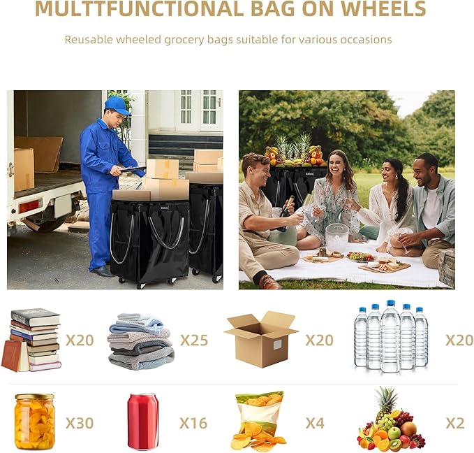(Large, Black) Reusable Grocery Bag on 5 Wheels, Foldable Rolling Tote Carries Up to 76lb Shopping Trolley, Rolling Bag with 3 Handles, Zipper Clouser Rolling Tote Bag with Wheels for Laundry