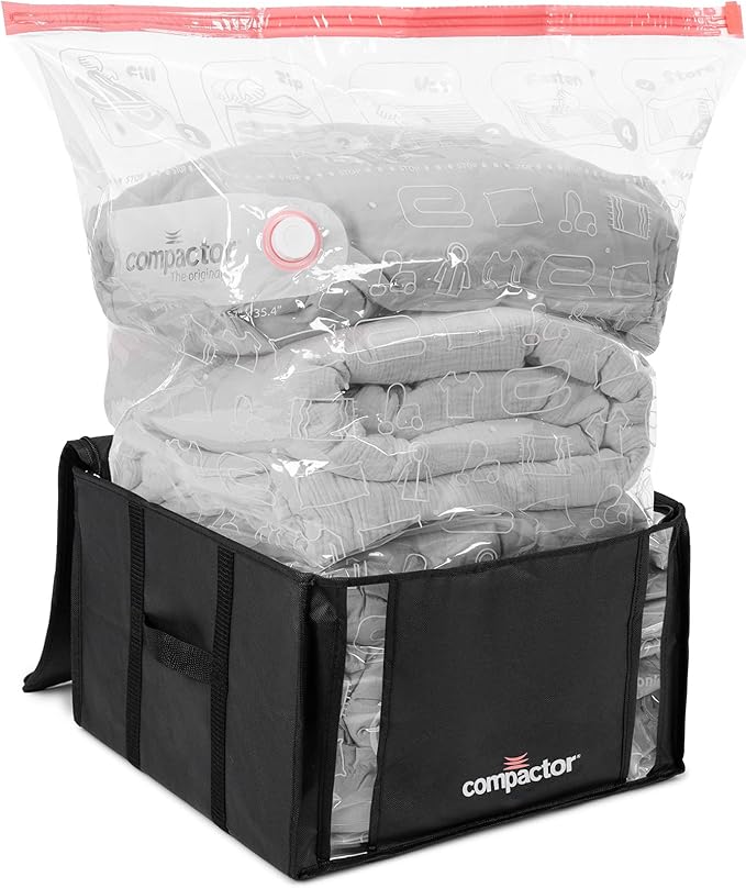 Compactor Vacuum Storage Bag with Semi-Rigid Structured Cube, Closet Organizer, Vacuum Seal Bags for Clothing and Bedding, Fits All Vacuum and Nozzle Types, 125L, Black