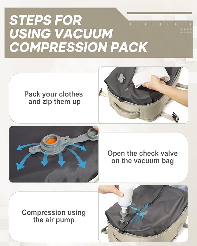 suwasp Vacuum Compression Backpack, 40L Expandable Travel Backpack with Electric Vacpack Pump, Travel Vacuum Bags with Shoe Compartment/15.6inch Laptop Compartment/USB Port, Khaki