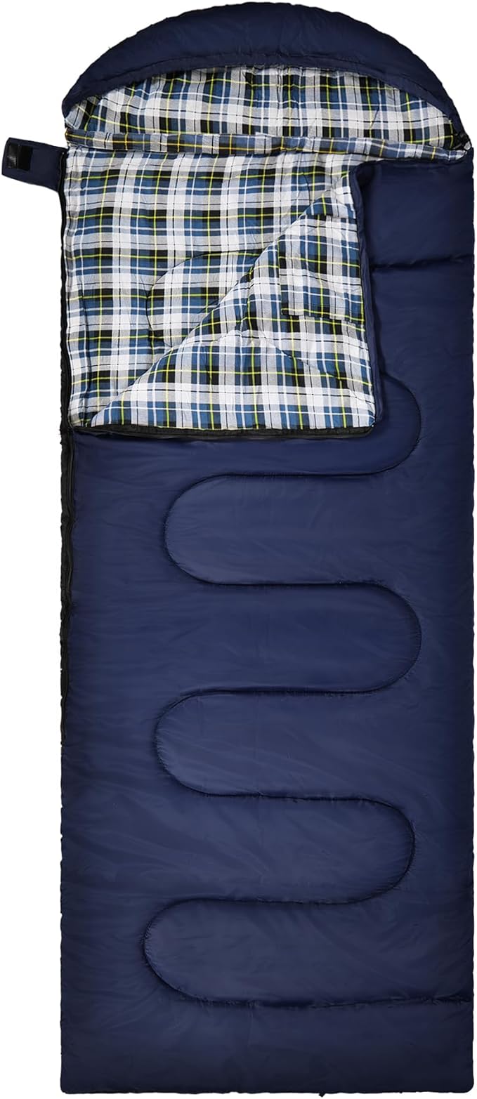 REDCAMP Flannel Sleeping Bag for Adults, Comfortable Cotton Envelope Sleeping Bags for Camping, Backpacking, Hiking, with Detachable Hood&Compression Sack, Blue/Red/Grey/Black