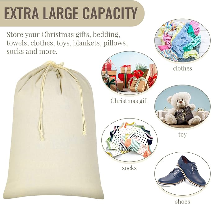 Remagr 12 Pcs 24" x 36" Canvas Laundry Bags Bulk Large Cotton Laundry with Drawstring Heavy Duty Hamper Liner Washable Dirty Clothes Santa Bag for Travel Household