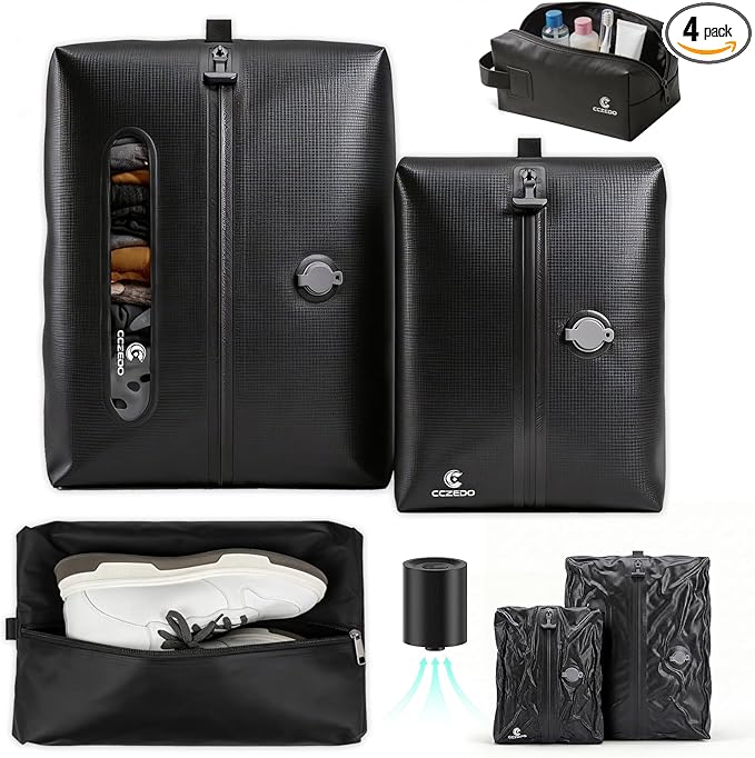 Compression Packing Cubes for Travel with Electric Pump, Vacuum Travel Organizer Set for Carry-On Luggage, Shoe Bag & Toiletry Bag, 5-Piece