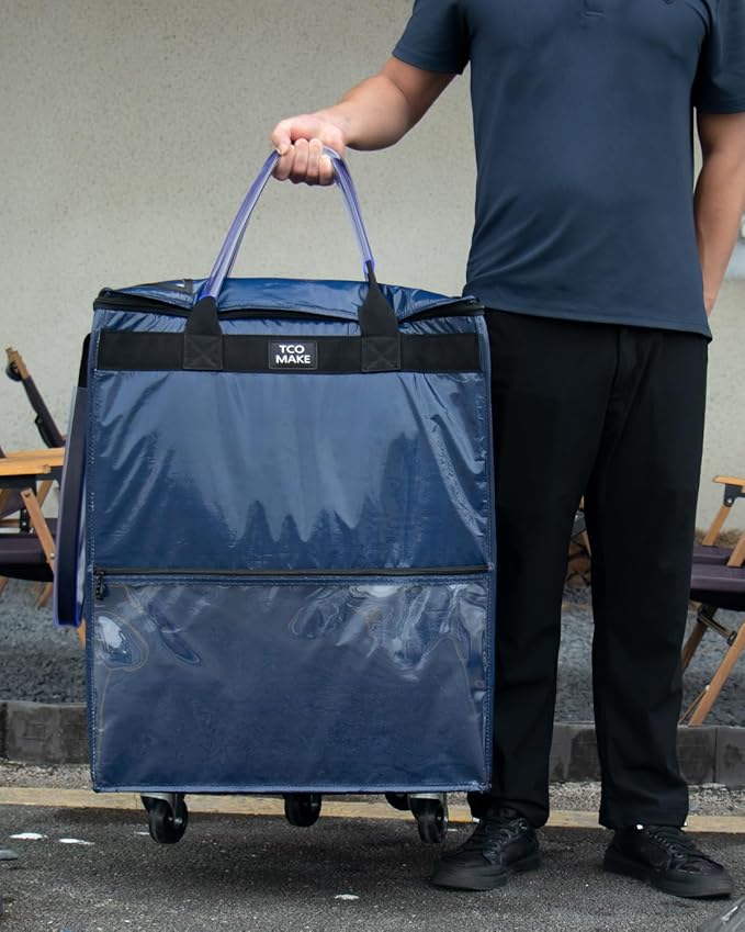 (Large, Dk Blue) Reusable Grocery Bag on Wheels, Shopping Bags with Wheels and Handle, Folding Rolling Tote, Zipper Cover, Carries Up to 76 LBS, for Laundry, Picnic