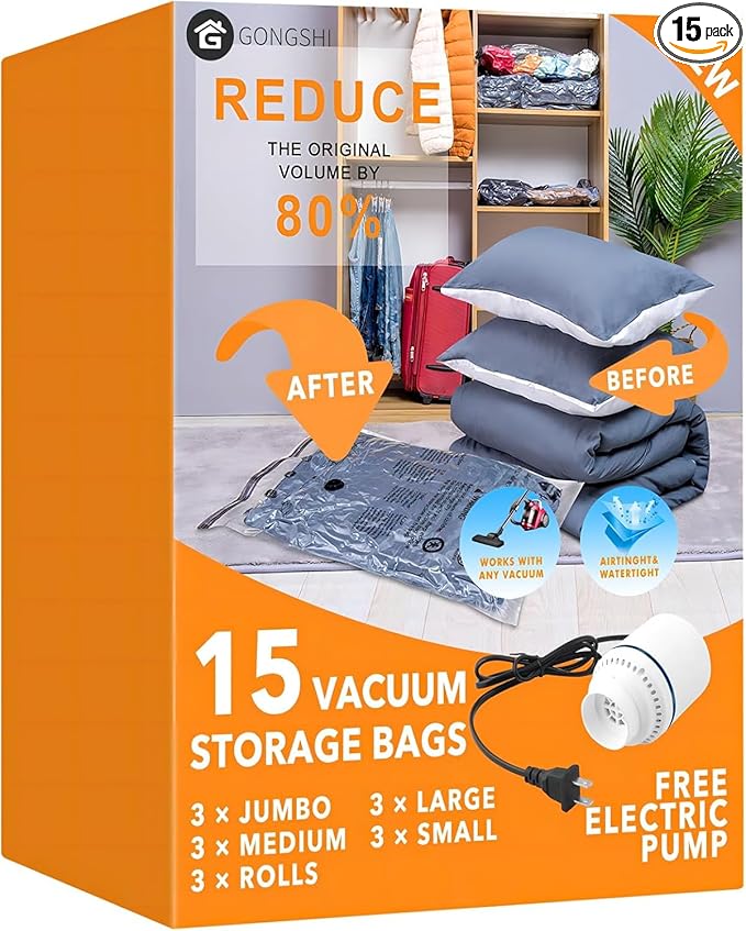 GONGSHI Vacuum Seal Bags for Clothing Travel & Home Storage, Travel Vacuum Bags with Electric Pump,Space Saver for Blankets, Comforters, Pillows, Clothes,15 Combo