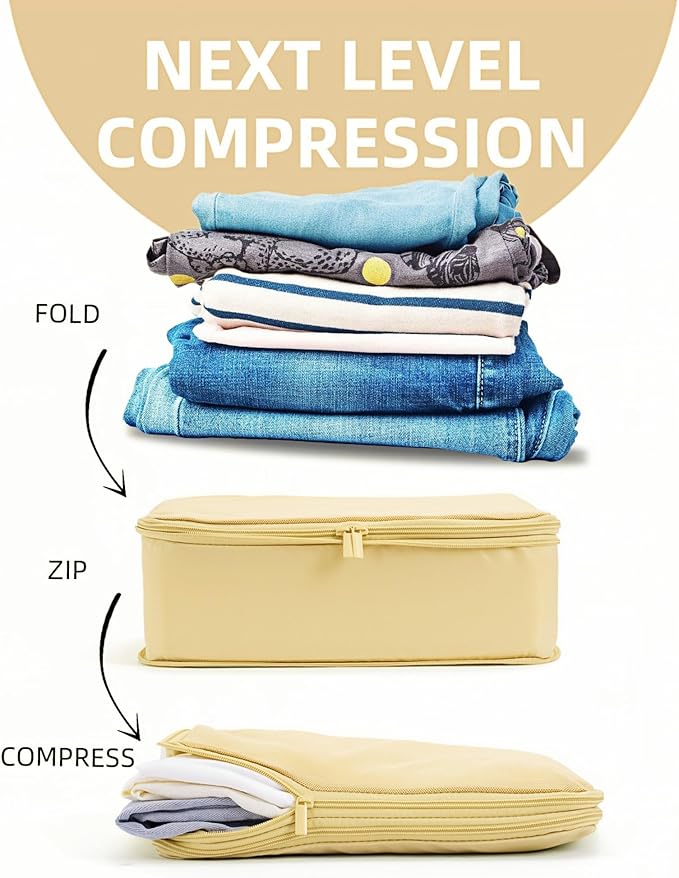 6 Set Compression Packing Cubes for 7–14 Day Travel, Durable Nylon Oxford Luggage Organizers with IP6X Waterproof Toiletry Bag, Expandable Suitcase Packing System (Bright Yellow)