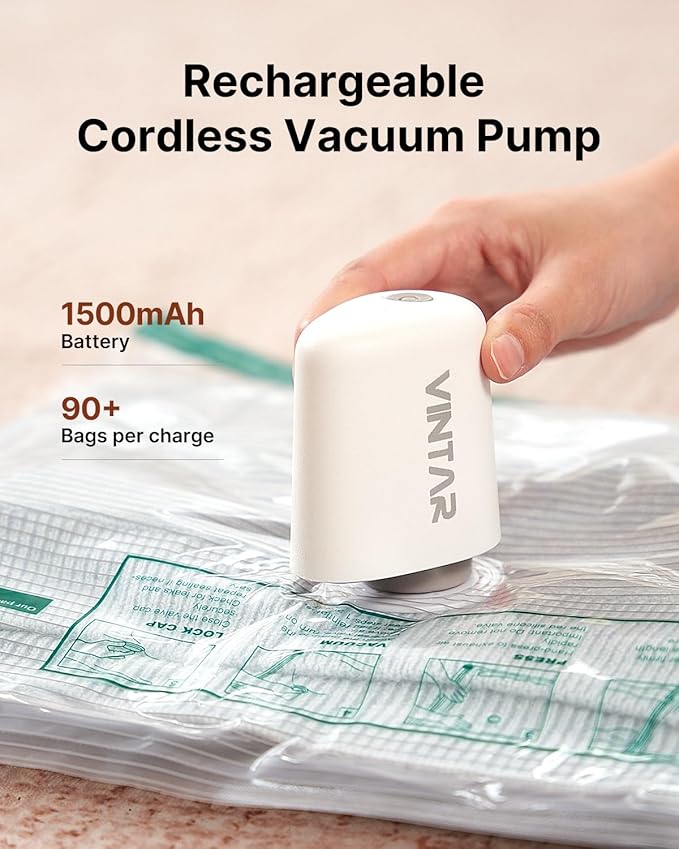 Vacuum Seal Bags for Clothing Travel with Rechargeable Cordless Pump, VINTAR 20 Pack Space Saver Vacuum Storage Bags Set (5XL/5L/5M/5S) for Clothes, Travel Compression Bags for Luggage and Suitcase