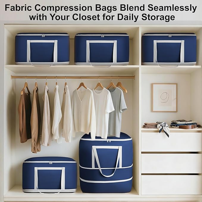 Comforter Storage Bag - 120L Bedding Storage Bags for Moving Closet, Washable Blanket Storage Bag, Ultra Space Saving Self Compression Organizer, 4-Pack, Navy Blue