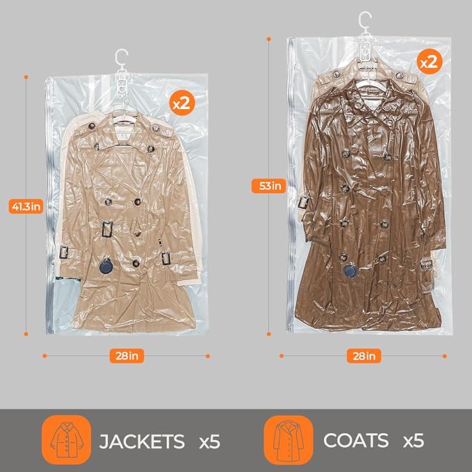 Vacbird Hanging Vacuum Storage Bags for Clothing 4 Pack Hanging Vacuum Seal Bags for Clothing Suit Bags Closet Storage, Hanging Plastic Clothes Cover for Coat, Dress, Fur, Shirt