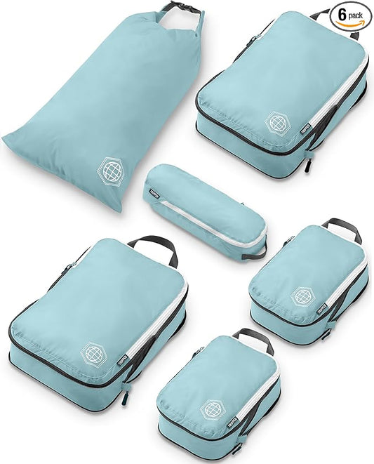 Compression Packing Cubes for Travel, 6-Piece Lightweight Packing Cubes Set for Carry-On Luggage & Backpacks – TRIPPED Travel Gear (Dusty Teal/White)